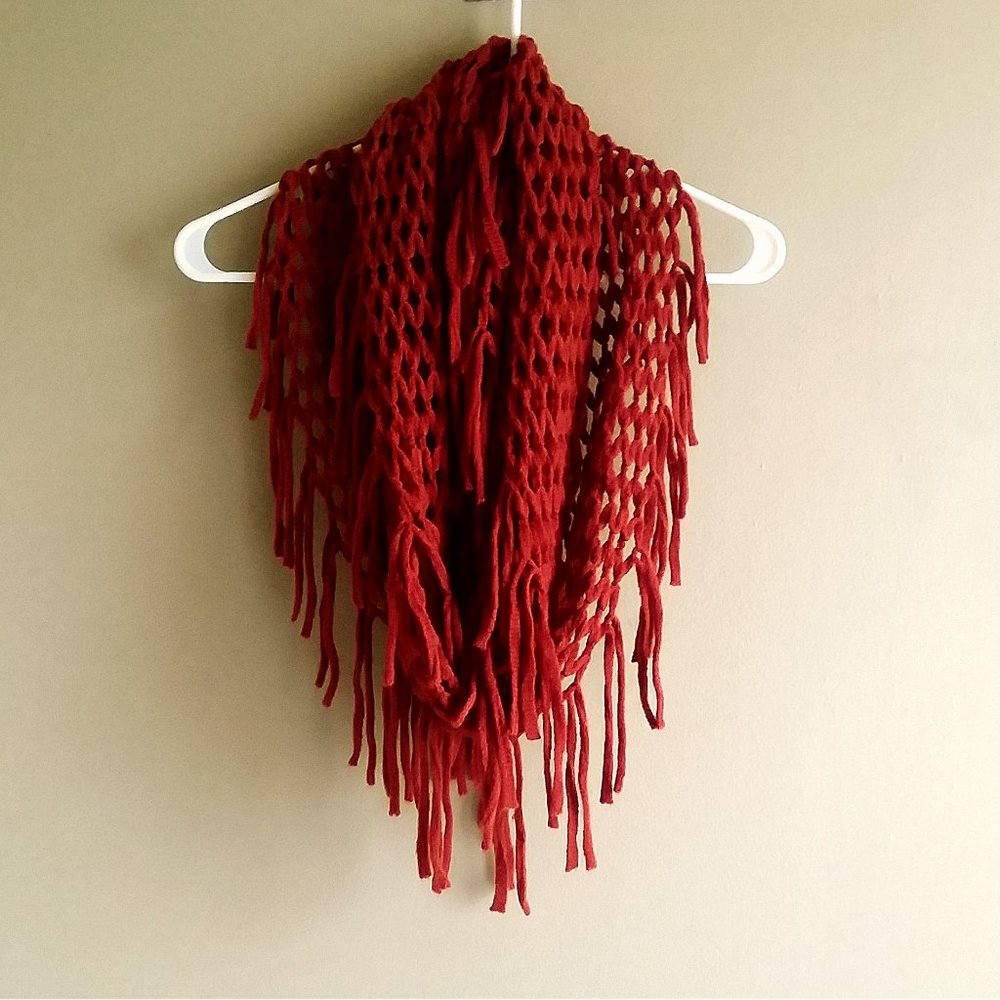 Knit Infinity Fringed Scarf in Brick Red/Rust Color